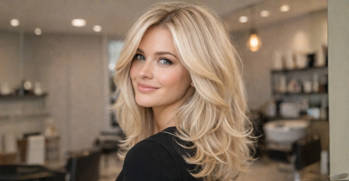 Woman with light dimensional blonde hair styled in soft, airy layers