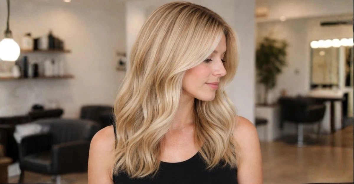 Woman with lived-in golden blonde hair and soft waves, styled naturally