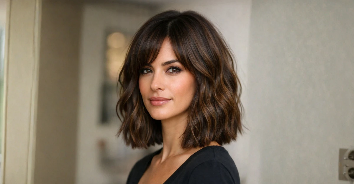 Woman with a long blunt wavy bob featuring soft layers, natural volume, and a smooth, polished finish.