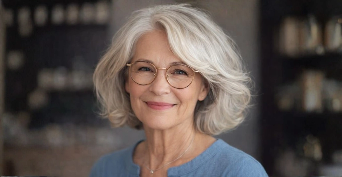 Long bob with face-framing layers on a woman over 70 wearing glasses.