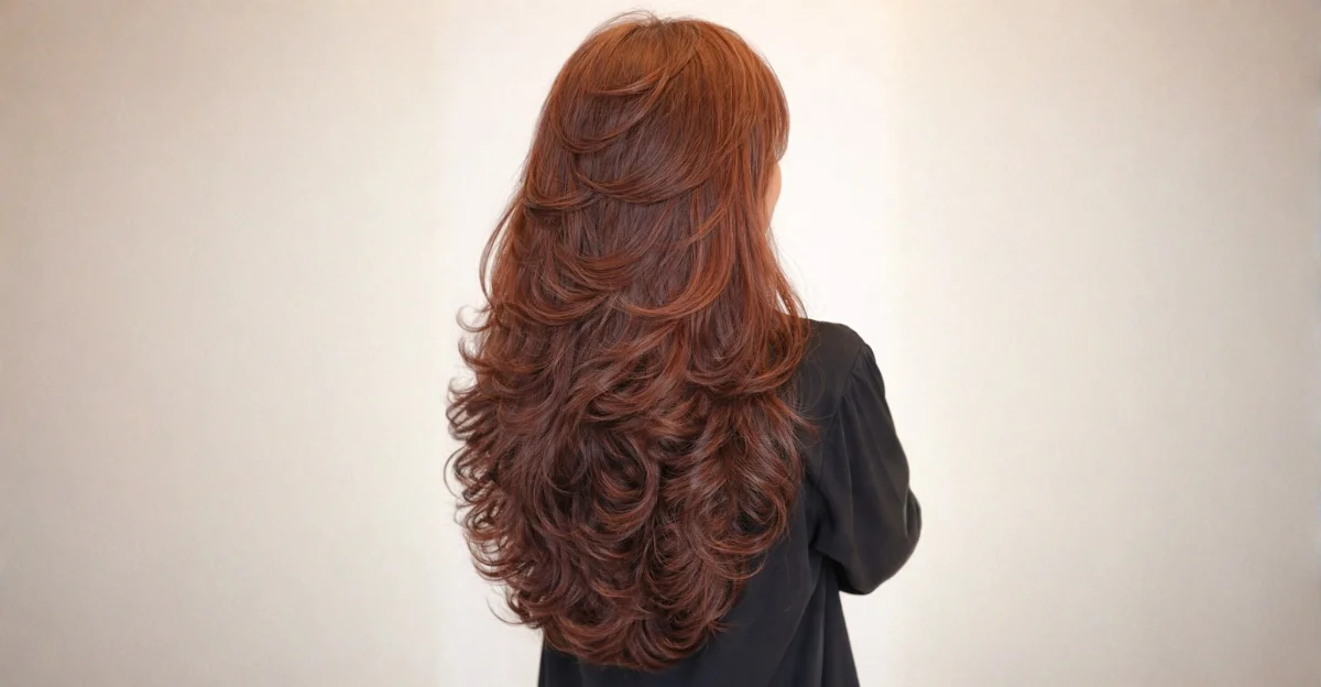 Long layered butterfly haircut with soft curls and voluminous waves.
