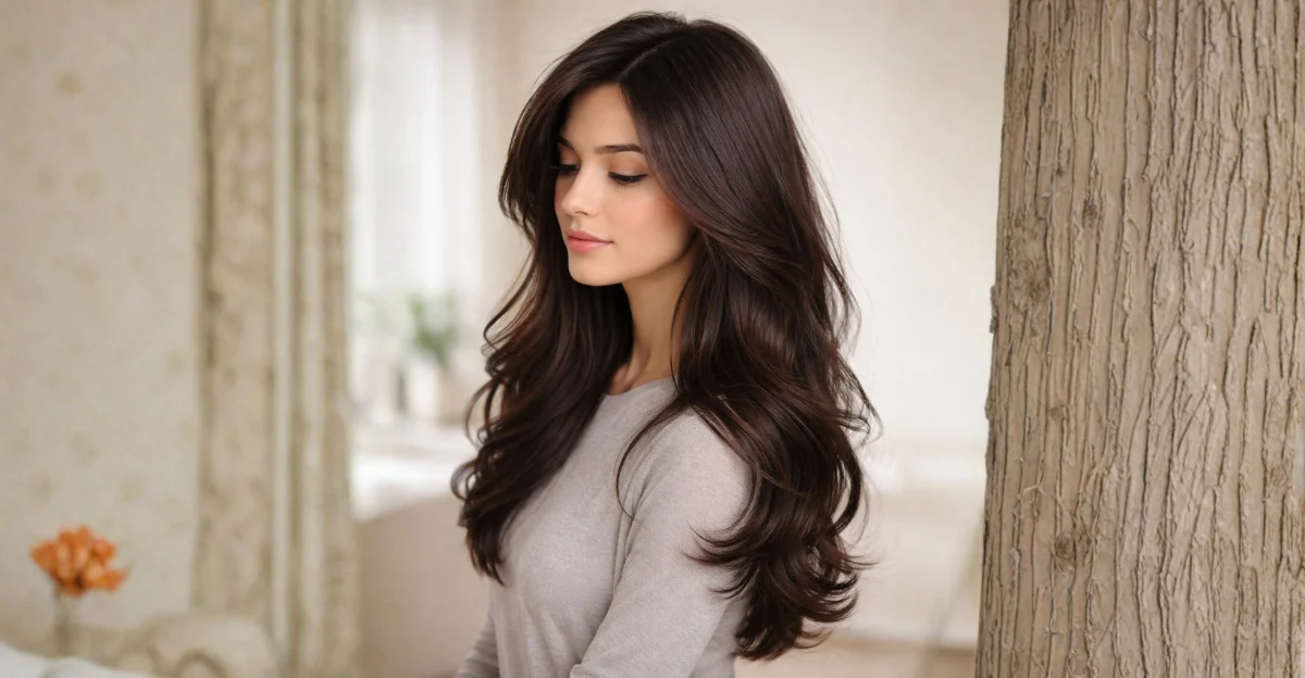 Long layered butterfly haircut with voluminous waves and soft, natural shine.
