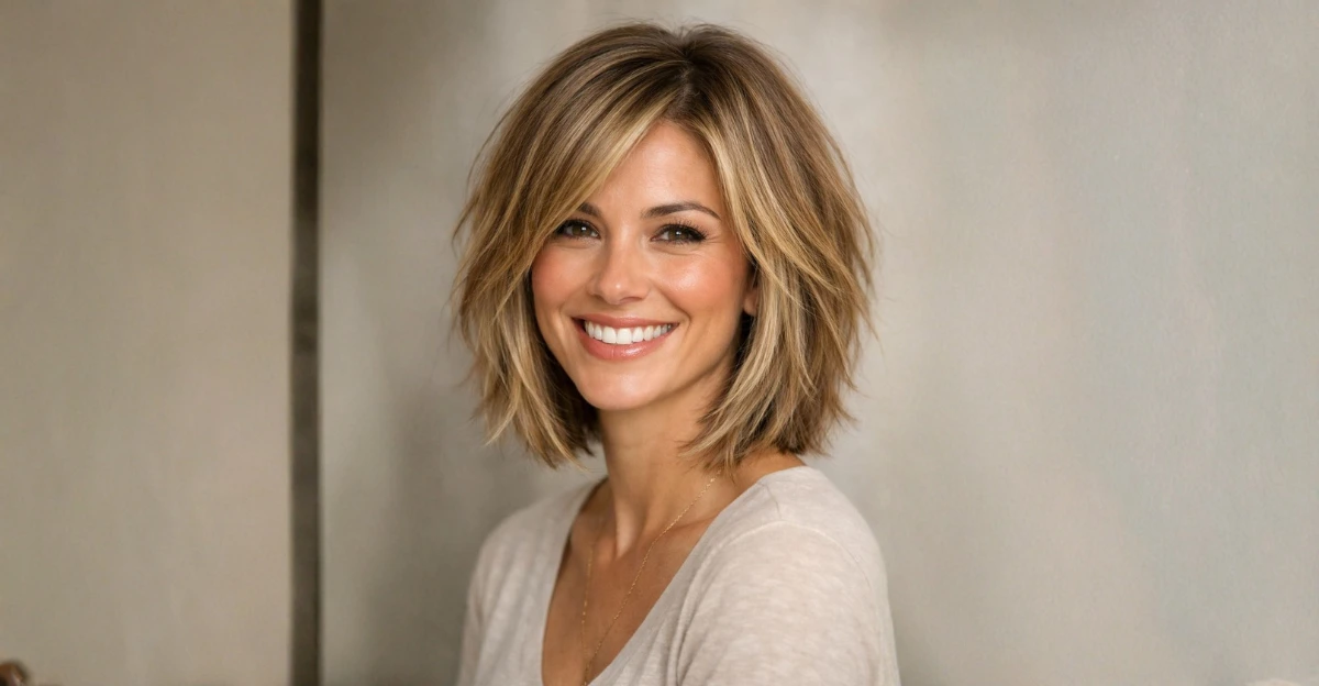 woman with a long layered textured bob, soft highlights, and natural face-framing movement.