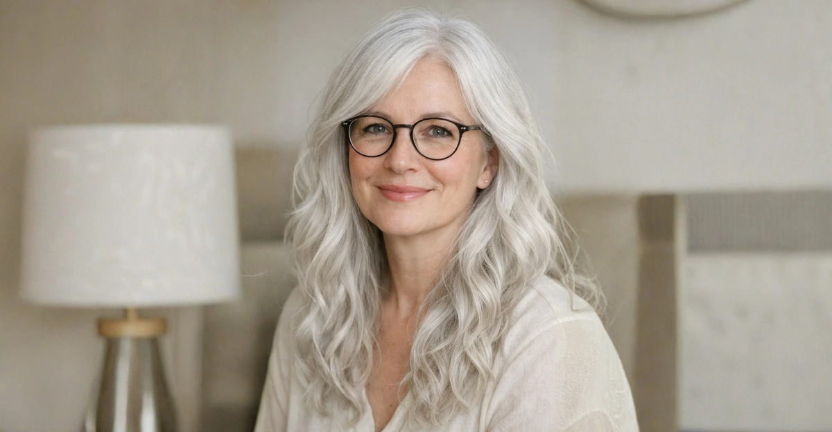 Long wavy hairstyle on a woman over 70 wearing glasses.