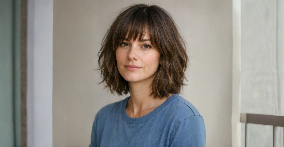 Woman with a long wavy bob, soft layered texture, and wispy bangs framing her face.