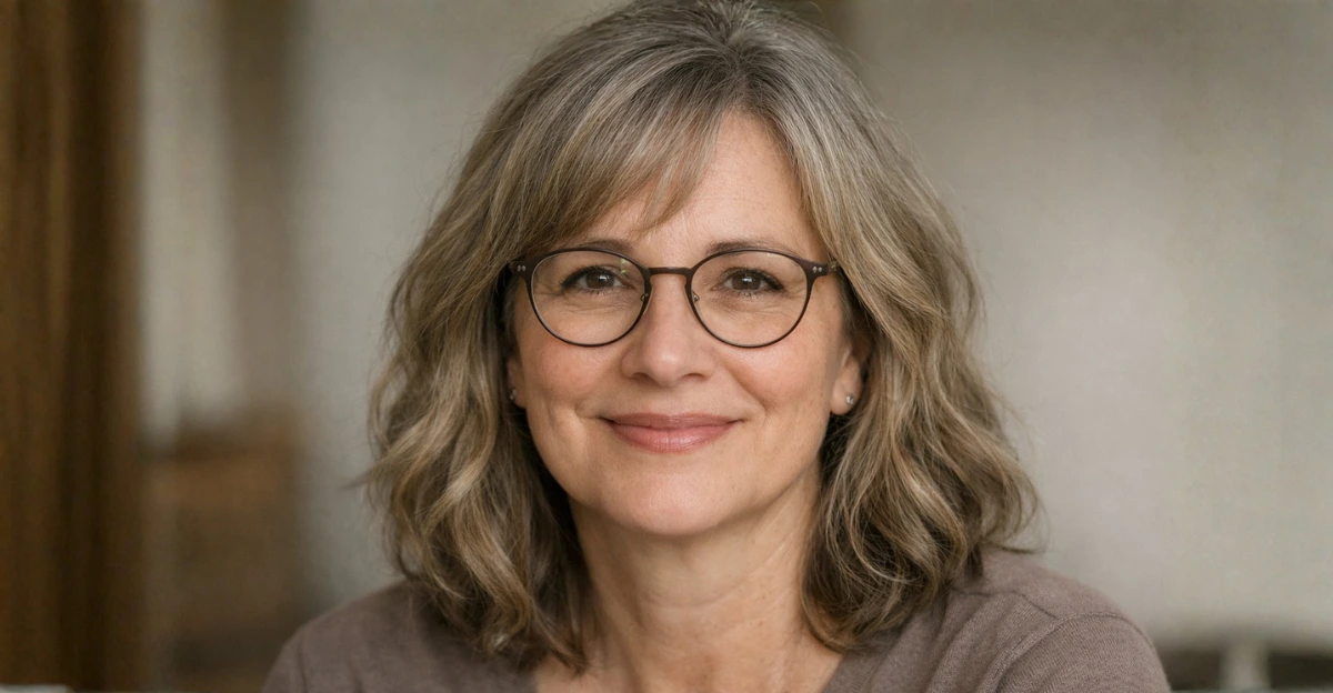 Medium-length wavy hairstyle on a woman over 70 wearing glasses.
