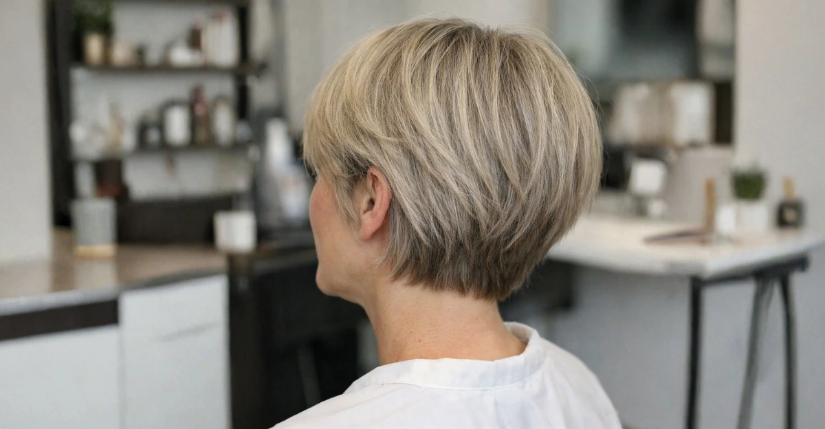 Back view of a short pearl blonde haircut with soft texture and natural dimension.