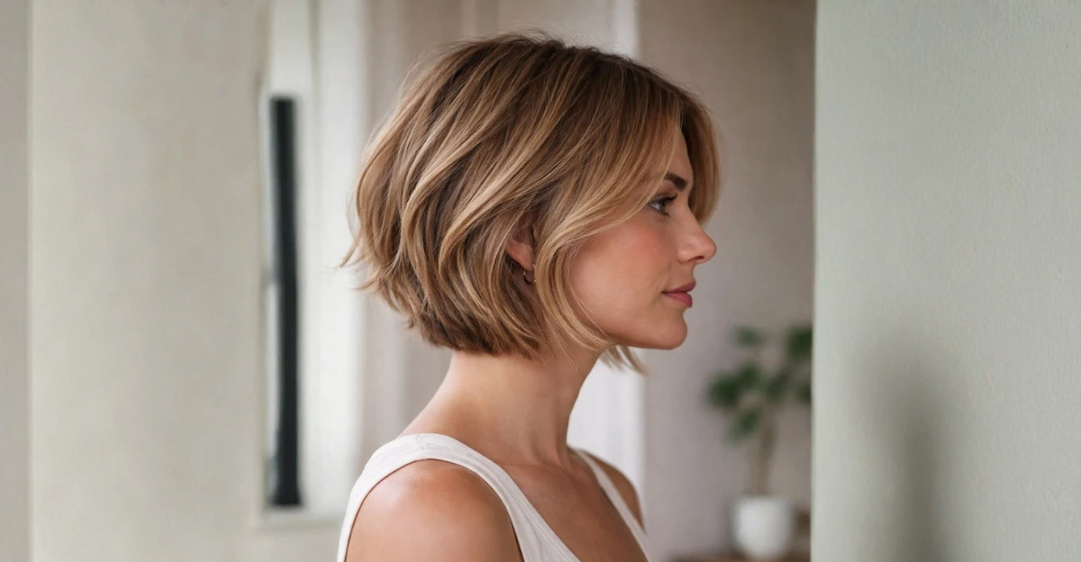 Side-profile view of a woman with a piecey layered bob, featuring soft, textured ends and subtle face-framing layers for a light, modern look.