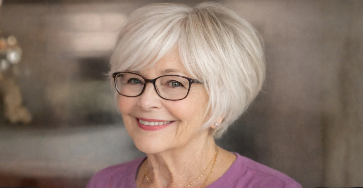 Pixie bob haircut on a woman over 70 wearing glasses.