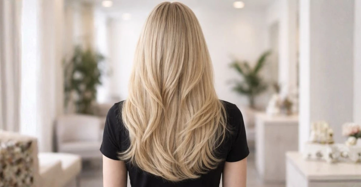 Back view of long platinum blonde hair with smooth layers and a clean, polished finish.