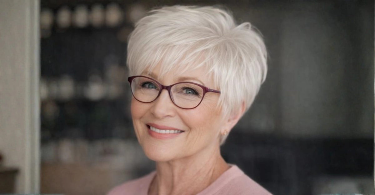 Platinum piecey pixie haircut on a woman over 70 wearing glasses.