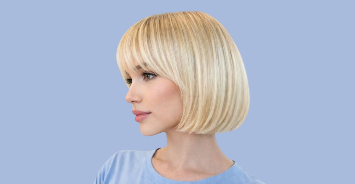 Precision short bob haircut with straight bangs and a smooth, sharply cut outline.