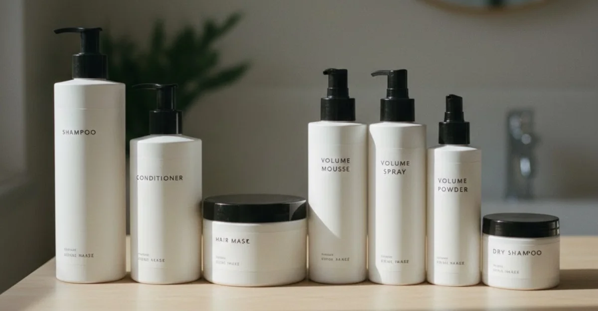 A variety of hair care products, including volumizing shampoo, a scalp stimulating brush, and hair thickening serum, arranged on a marble surface.