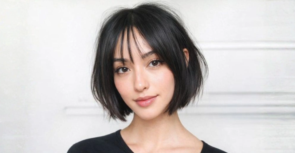 Rounded short bob haircut with wispy bangs and a softly curved, balanced shape.
