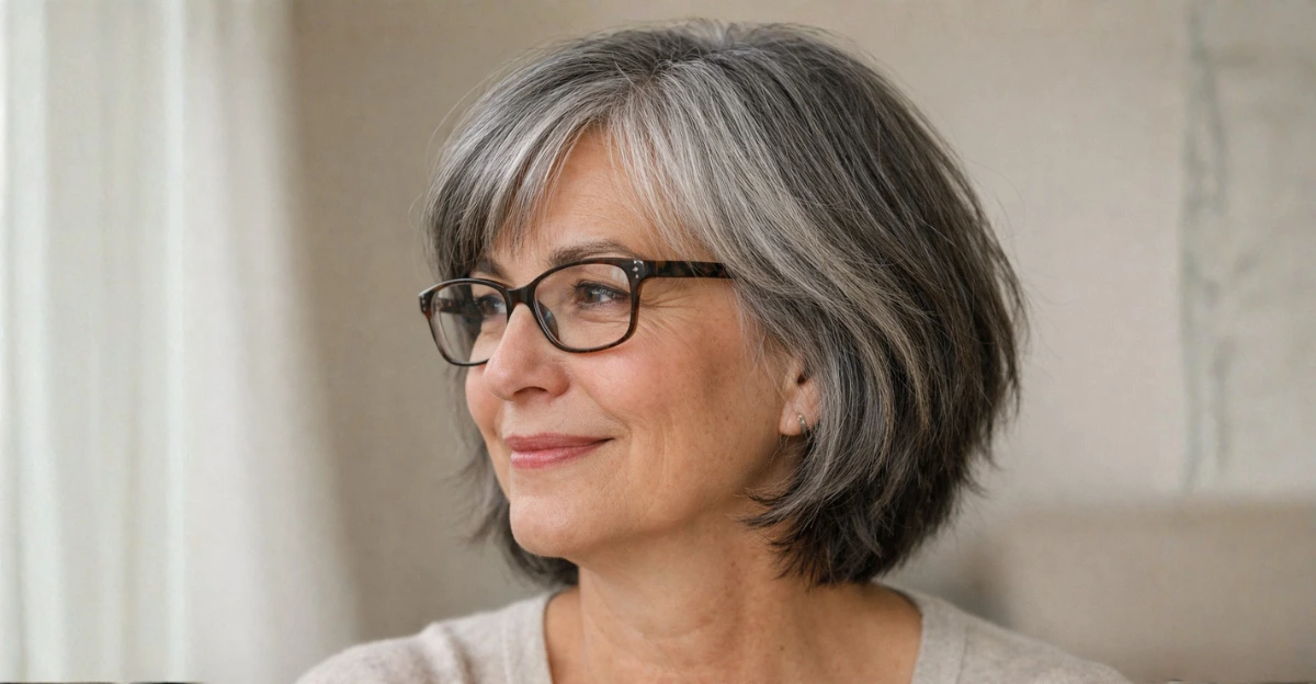 Salt and pepper layered bob on a woman over 70 wearing glasses.