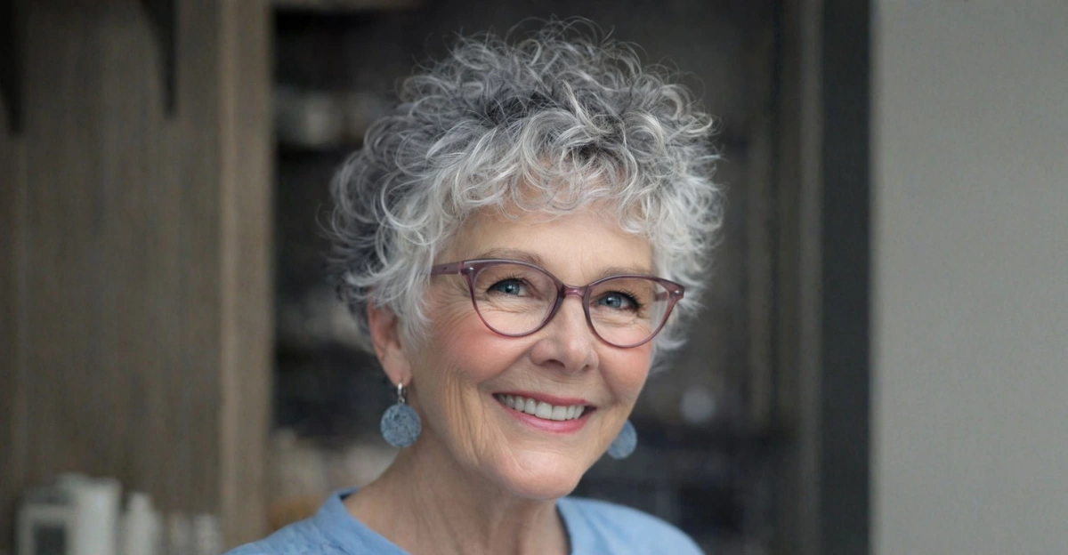 Salt and pepper pixie haircut on a woman over 70 wearing glasses.