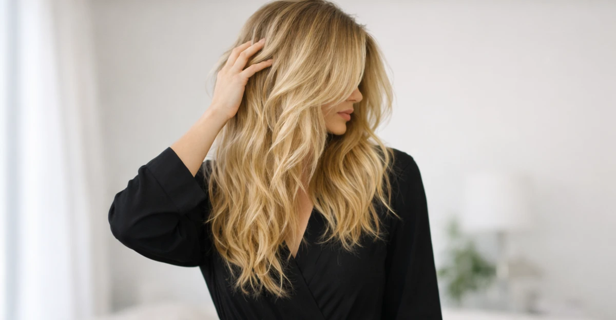 Woman with sandy blonde hair and soft highlights, styled in loose, natural waves.