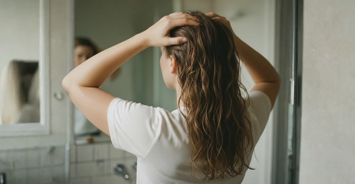 A woman in a bathroom viewed from behind while massaging her scalp with both hands to stimulate hair follicles.