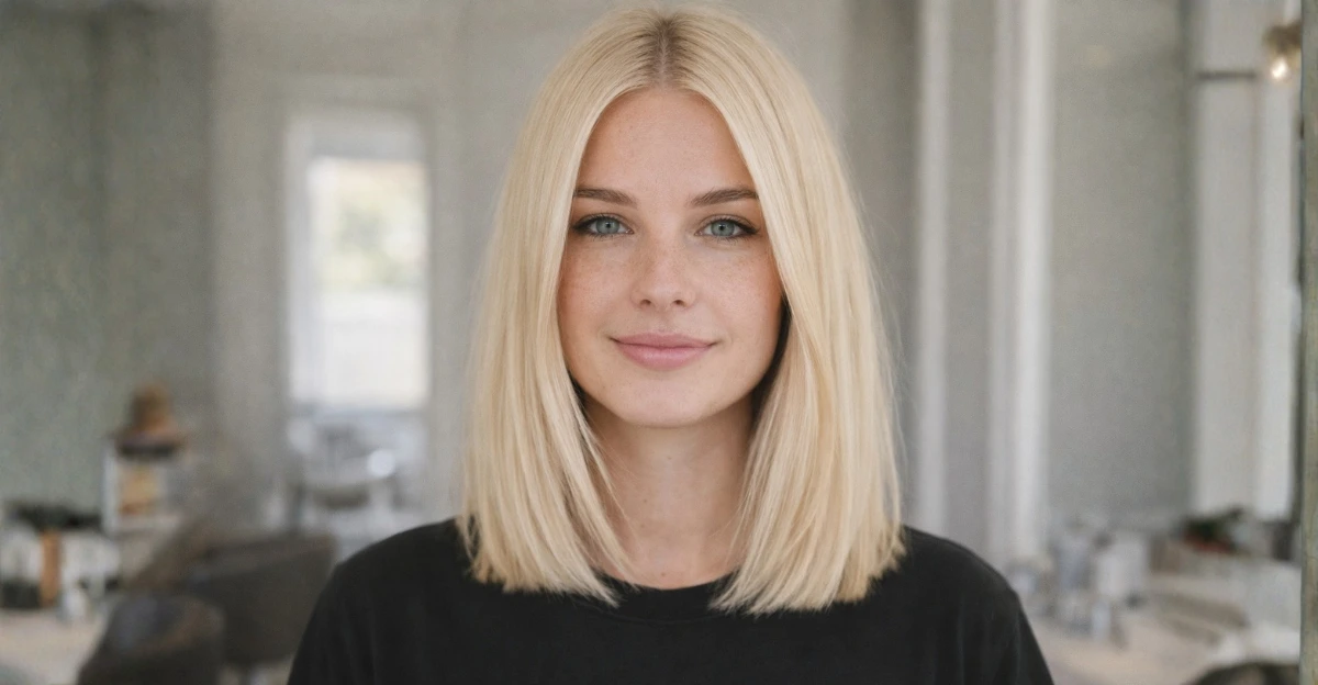 Woman with a sleek Scandi blonde bob, styled straight with a clean, minimalist finish.