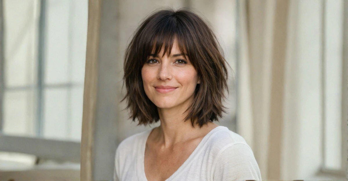 Woman with a shaggy layered bob featuring soft bangs and textured layers, styled casually for a natural, effortless look.