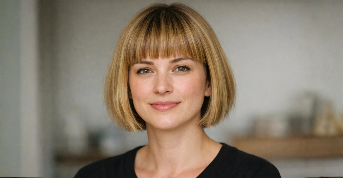 Short bob haircut with cropped bangs and a clean, neatly structured shape.