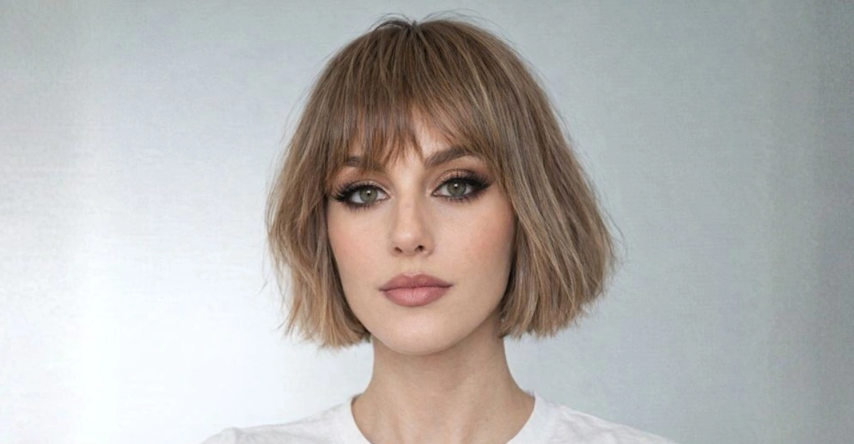 Short bob haircut with razored bangs and a lightly textured, modern finish.
