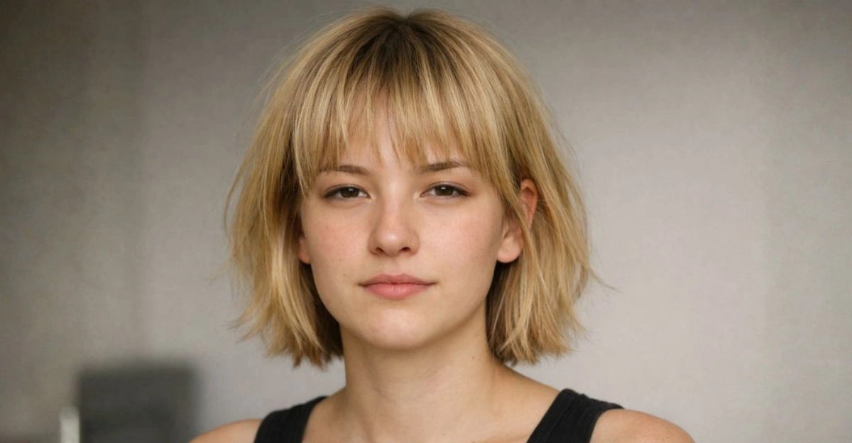 Short bob haircut with choppy layers and bangs creating a relaxed, textured look.