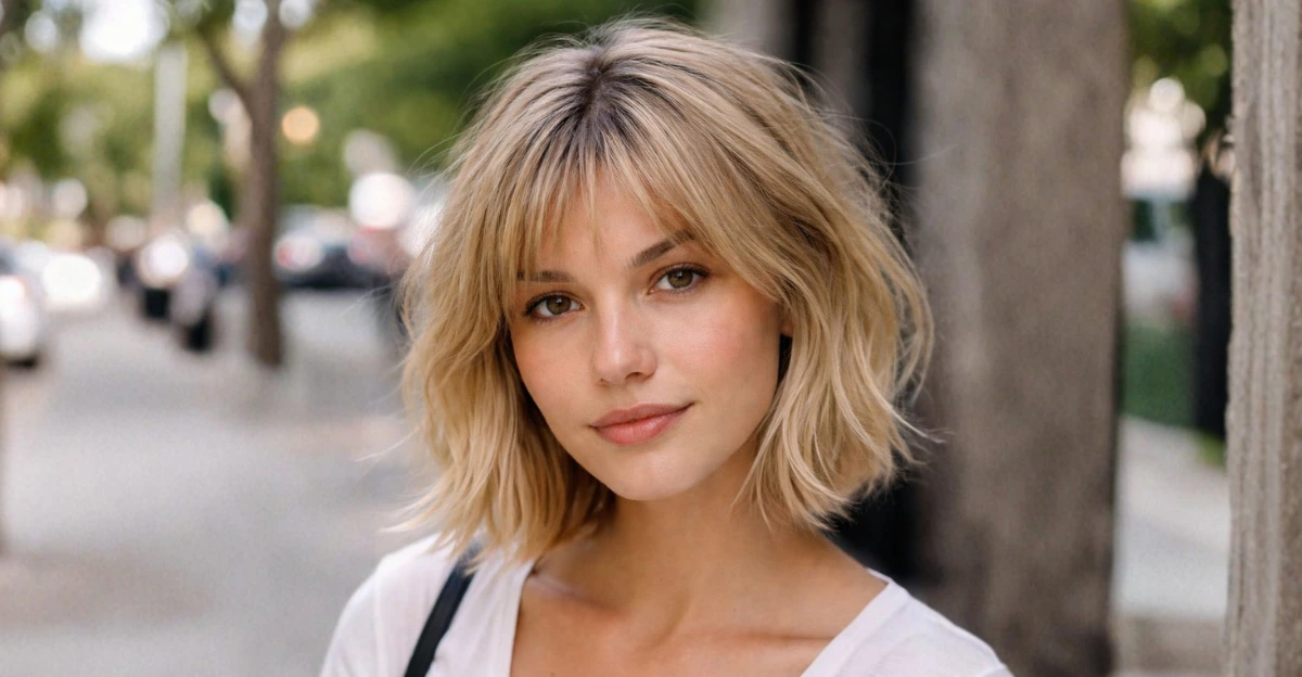 Short bob haircut with choppy layers and wispy bangs for a soft, airy finish.