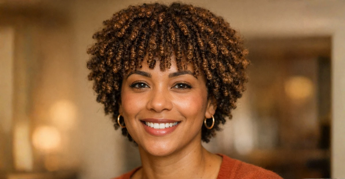 Front view of short, defined coils with soft bangs framing the face.