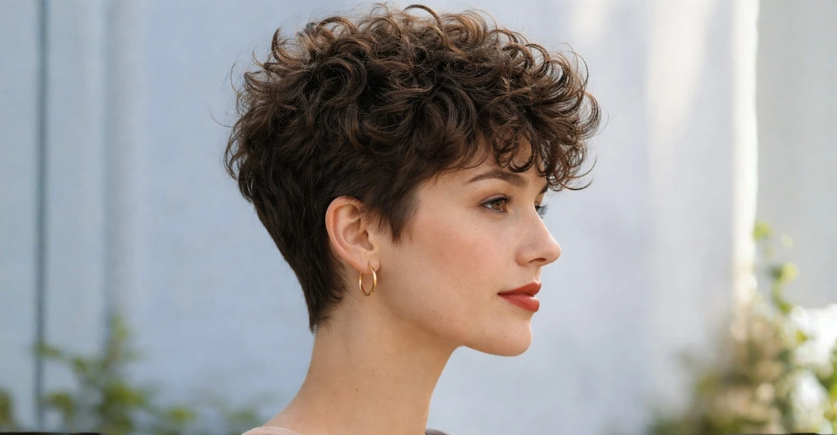 Side profile of short cropped curls with lifted volume at the crown.