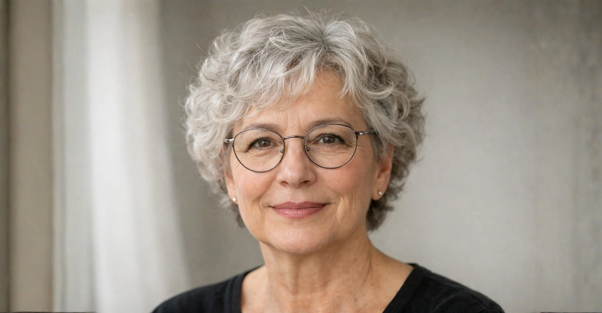Short curly hairstyle on a woman over 70 wearing glasses.