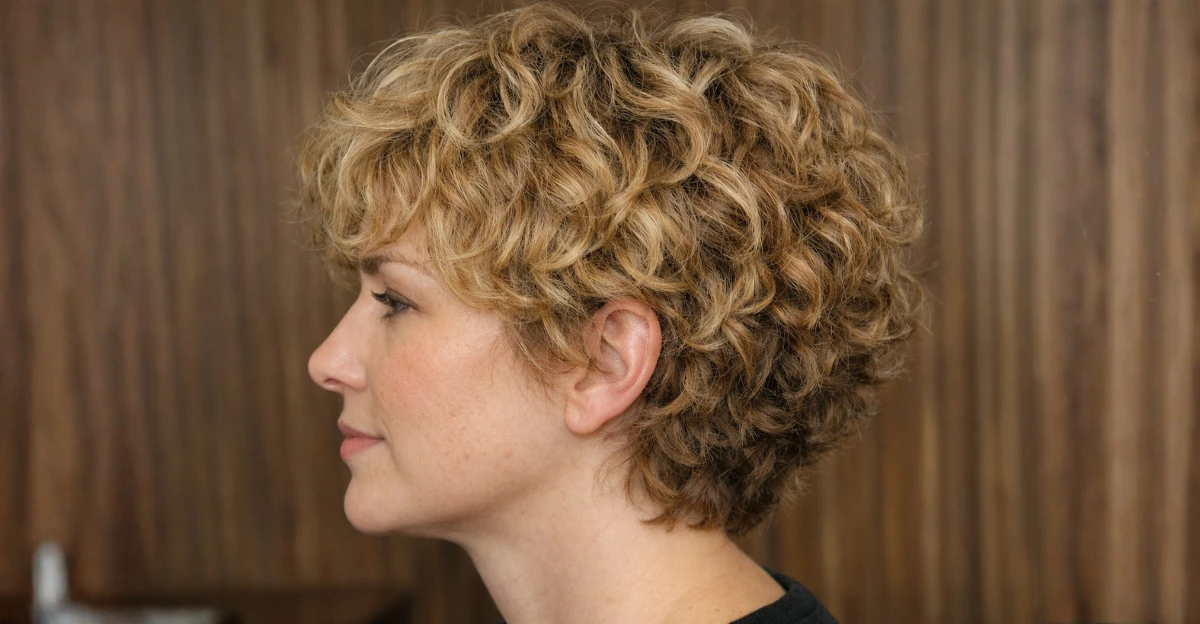 Side view of short, dense curls styled neatly for thick hair