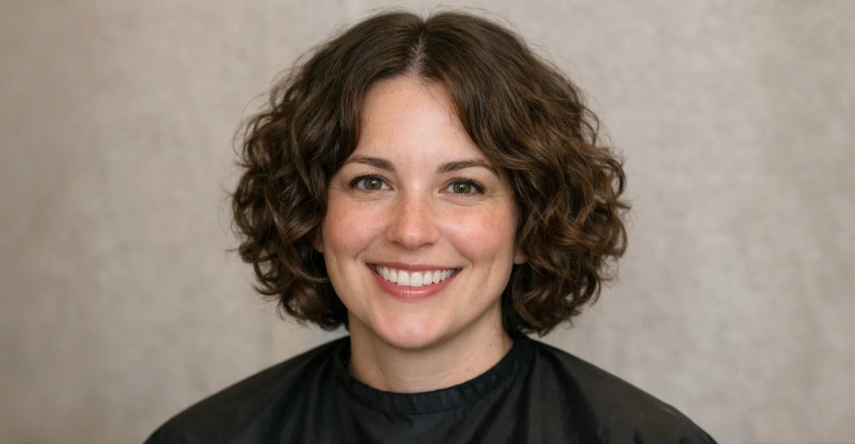 Short curly hairstyle with a center part and soft, defined curls framing the face