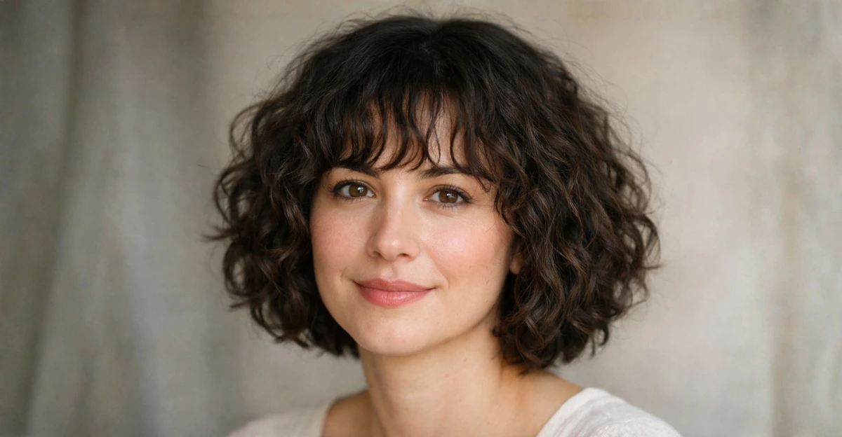 Short curly bob with soft bangs and natural texture.