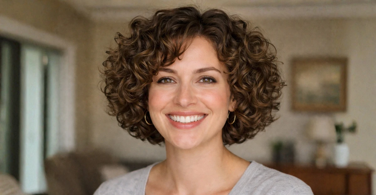 Short curly bob with defined ringlets and soft, rounded volume.