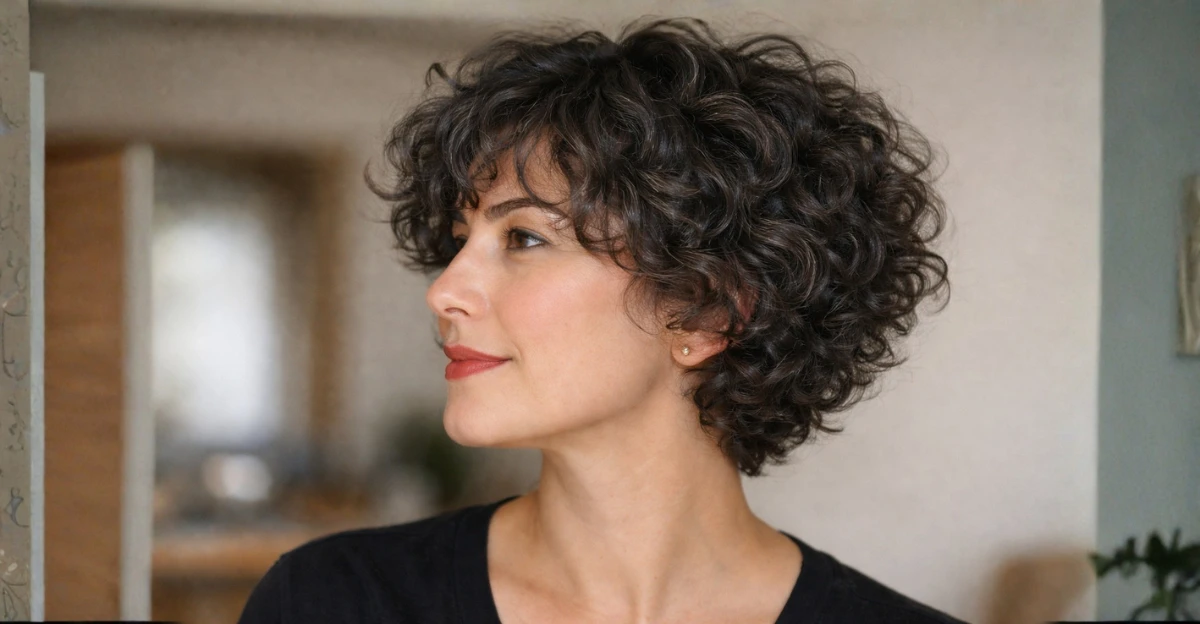 Short curly crop pixie with defined curls and soft volume.