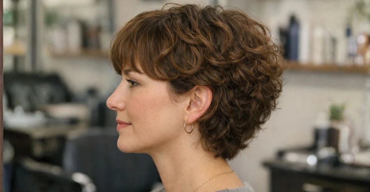 Side profile of a short curly haircut with soft layers and light bangs.