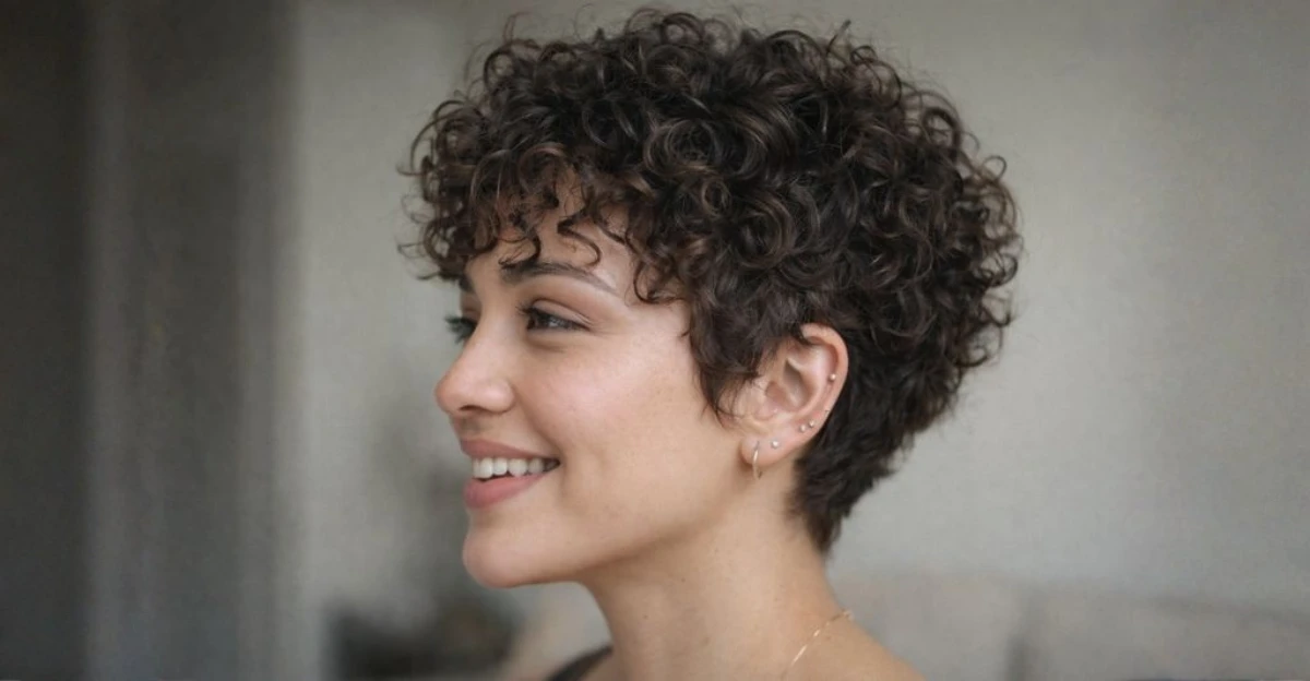 Short curly pixie with defined curls and soft side bangs.