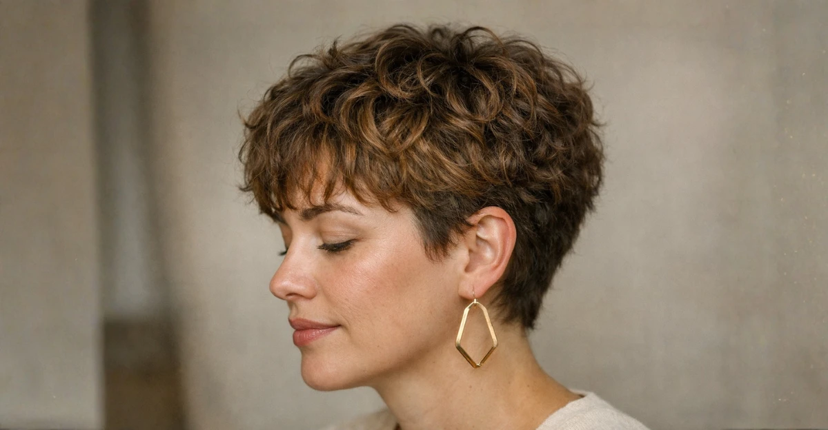hort curly pixie with soft bangs and textured layers.