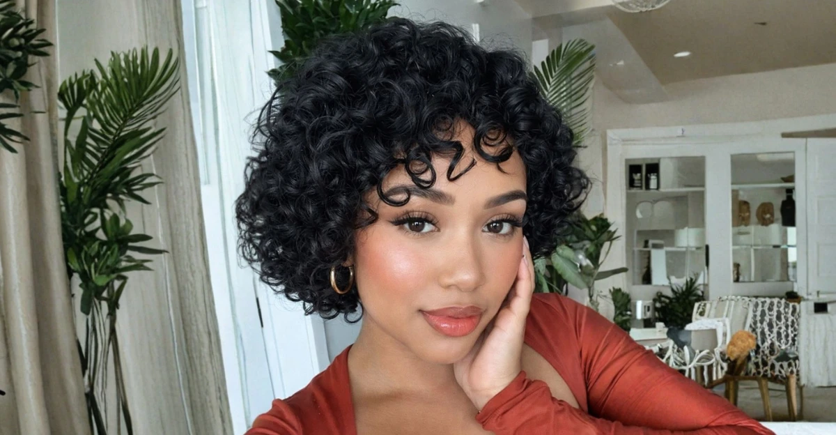 Short defined curls with tight ringlets and soft face framing.