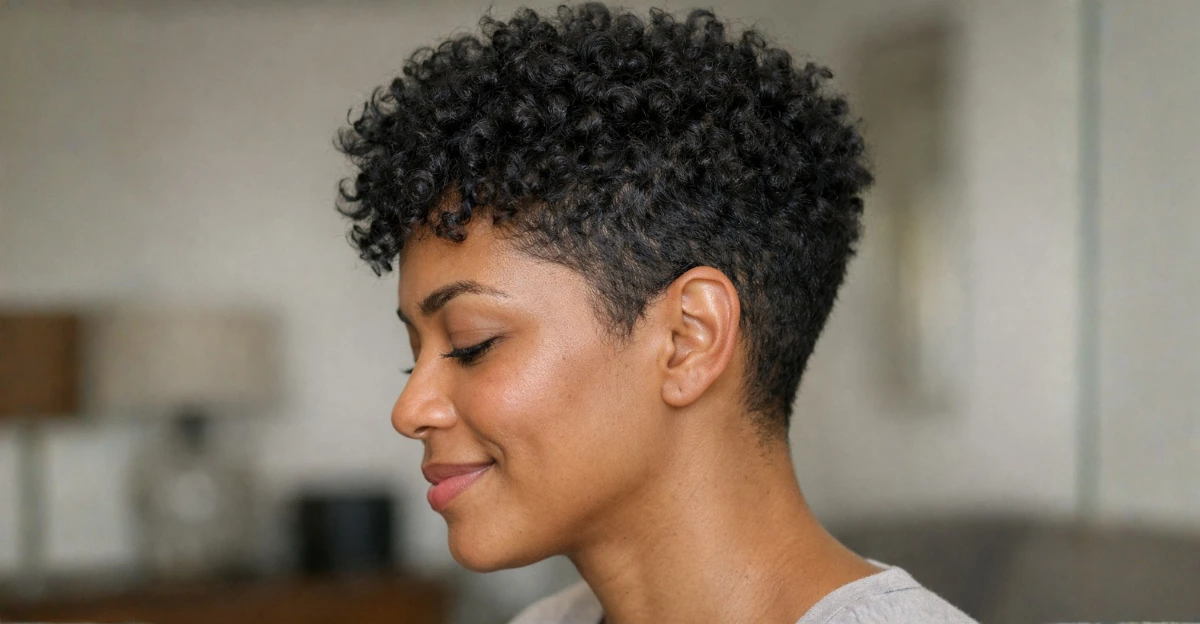 Short defined curly tapered pixie with tight coils and clean sides.
