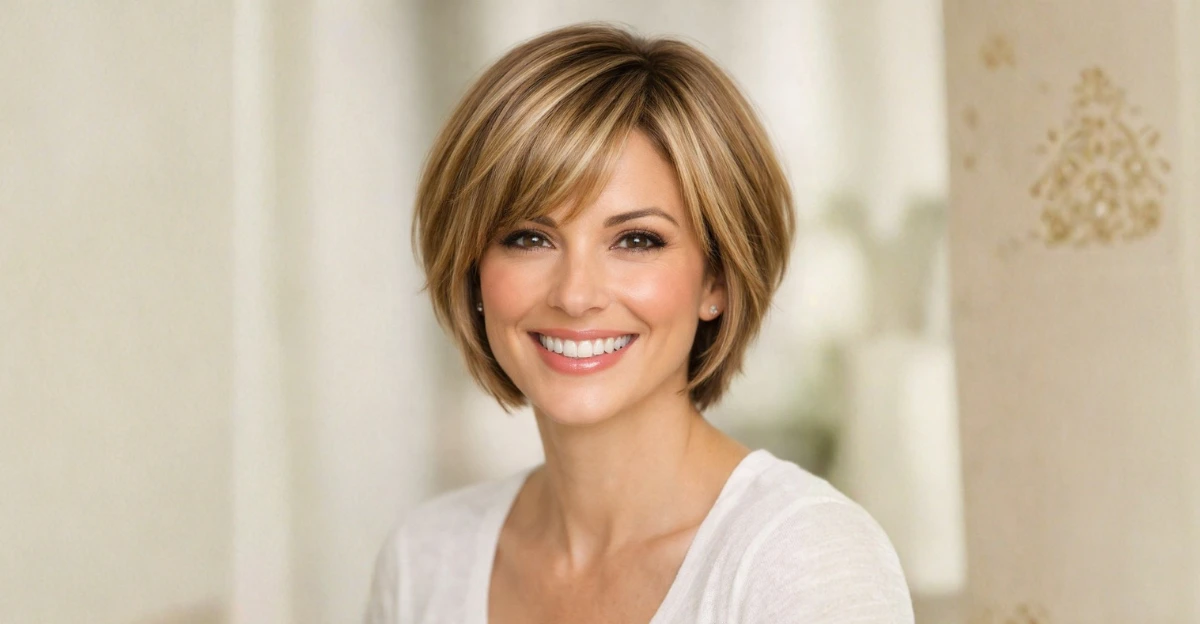 Woman with a short face-framing layered bob, softly styled to highlight her features.