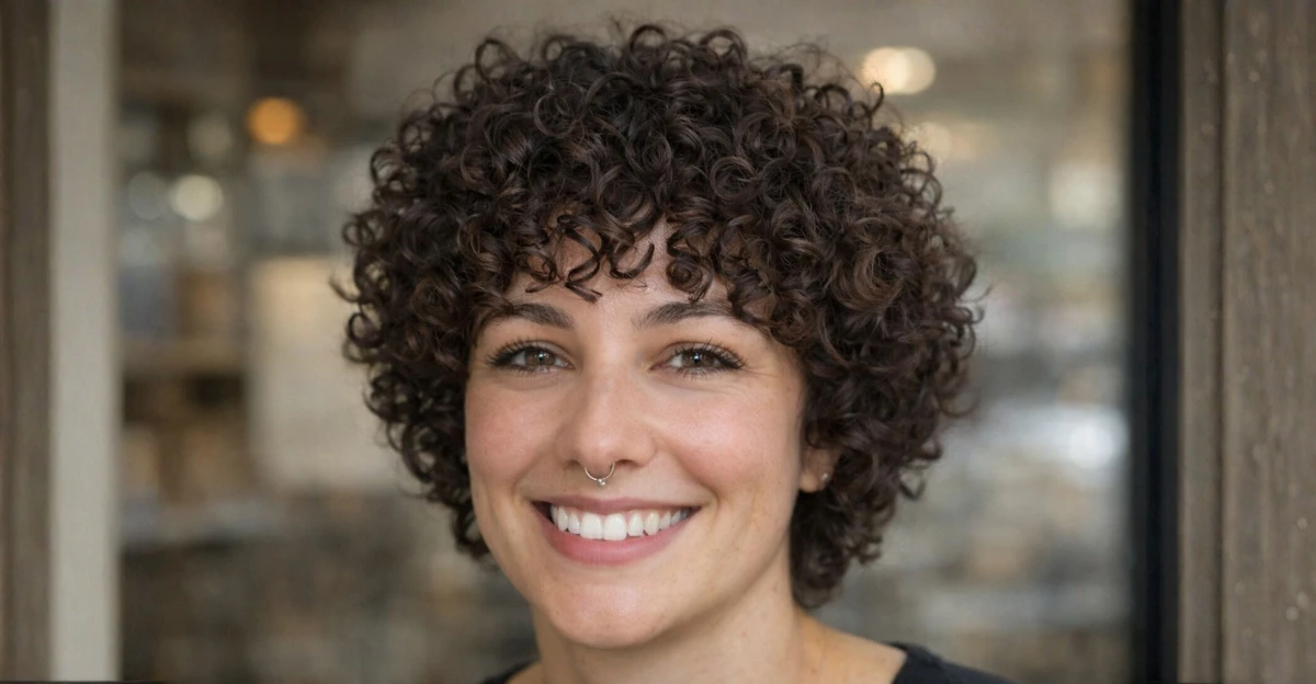Short layered curls with soft bangs and defined texture.