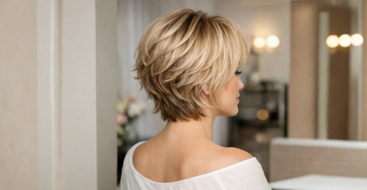 Back and side view of a short layered feathered bob with soft volume and blended blonde tones.