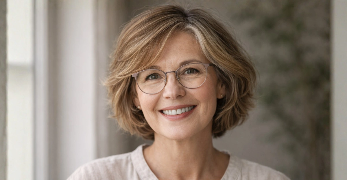 Short layered haircut with balayage highlights on a woman over 70 wearing glasses.