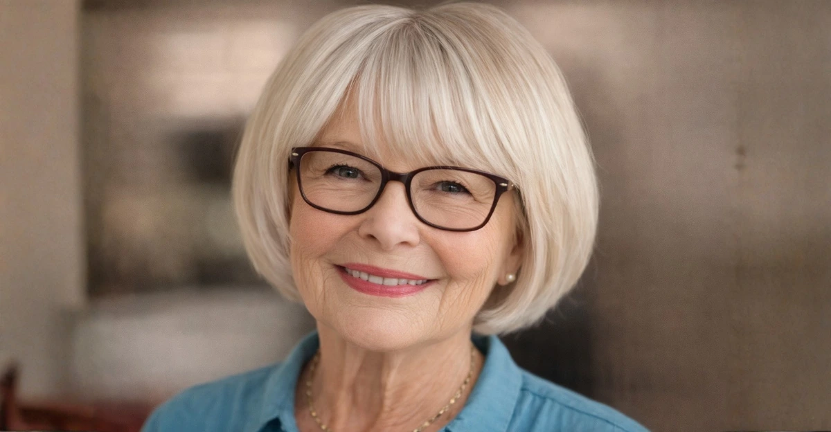 Short rounded bob with bangs on a woman over 70 wearing glasses.