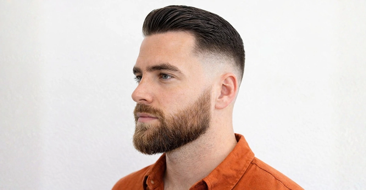 Short Slick Back with Mid Skin Fade and Beard