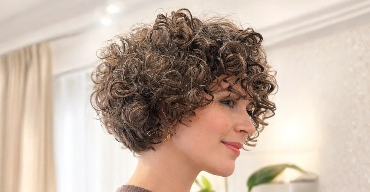 Short textured curls with layered shape and natural bounce.