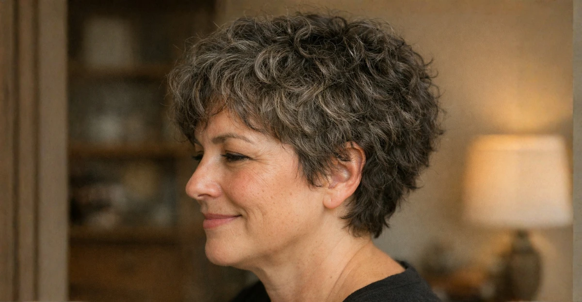 Short textured curls with soft volume and natural gray tones.