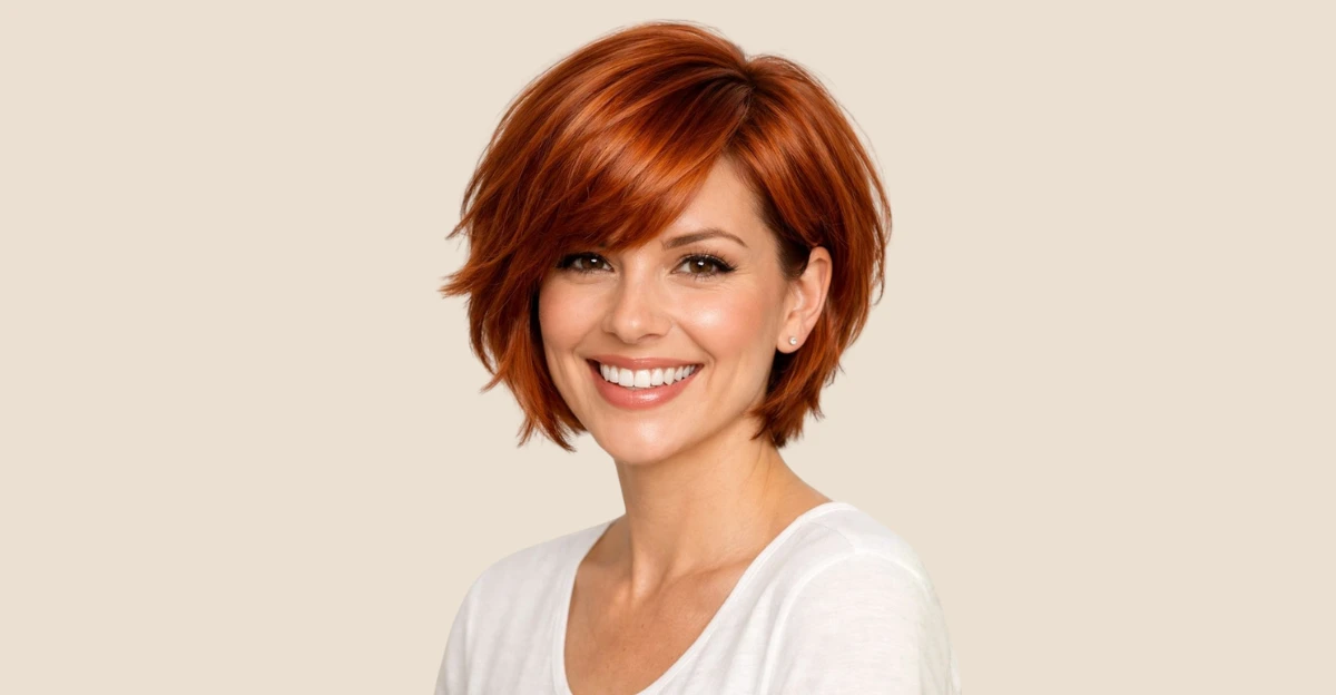 Woman with a side-swept copper layered bob, styled with soft texture and a polished finish.